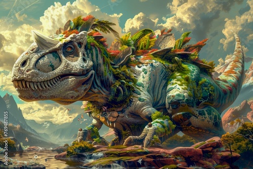 Majestic Fantasy Dinosaur Roaming a Lush Prehistoric Landscape with Vivid Cloudy Skies © pisan