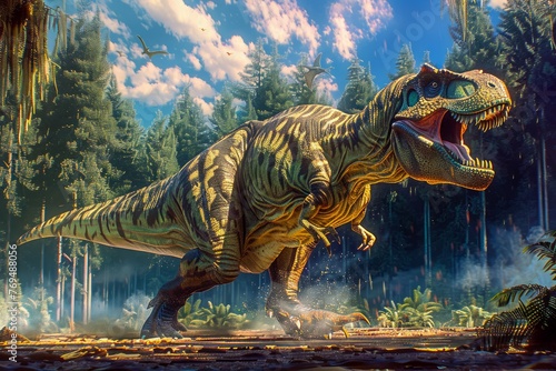 Majestic Tyrannosaurus Rex Roaring in Prehistoric Forest with Sunlight Streaming Through Trees