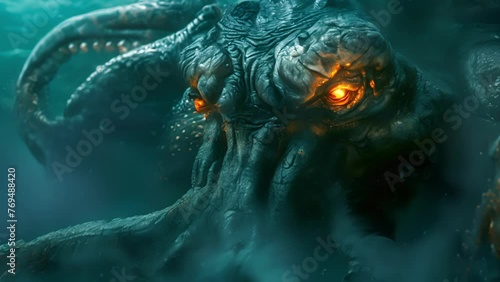 In the shadowy depths of the Bermuda Triangle a colossal Kraken lurks its long tentacles reaching out to ensnare any unlucky ship that ventures too close. Its glowing eyes photo