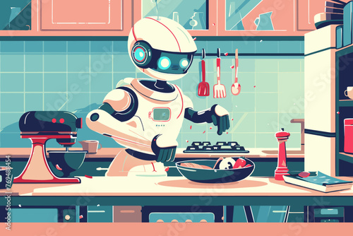 Robot cooking food at home, helper chef on kitchen future. Artificial intelligence technology robot cook, future lifestyle. Vector cartoon illustration