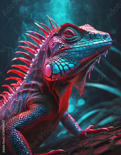 Futuristic iguana with highlighted by neon red and blue lights on a black background. 3d rendering