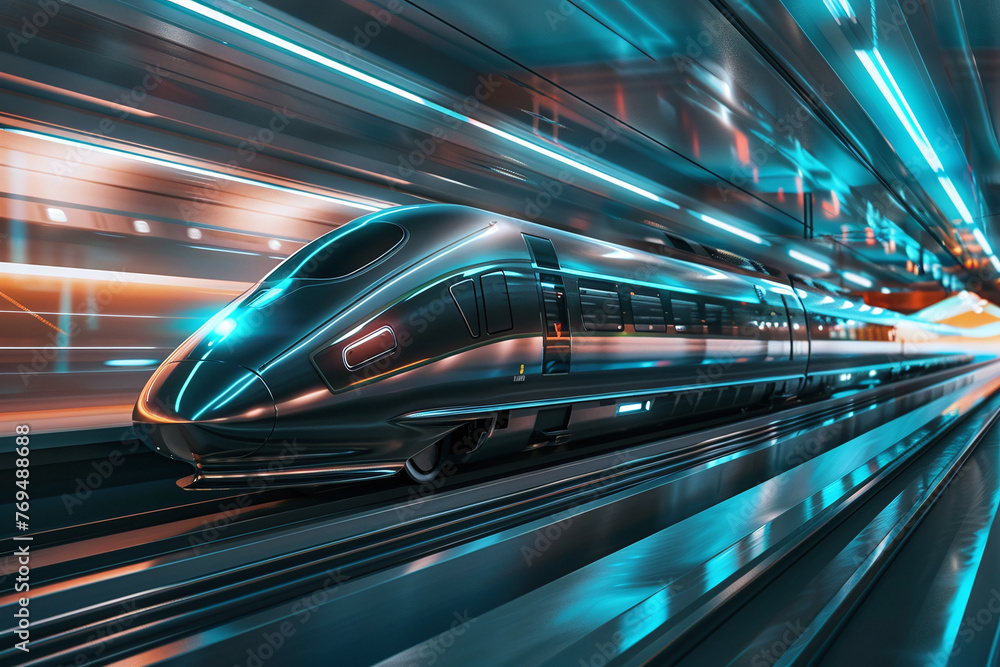 Velocity Rush, Futuristic Bullet Train Speeding Through a Neon-Lit Station