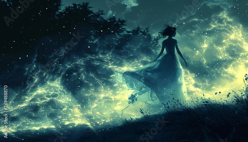 young woman alone on a mysterious forest path at night