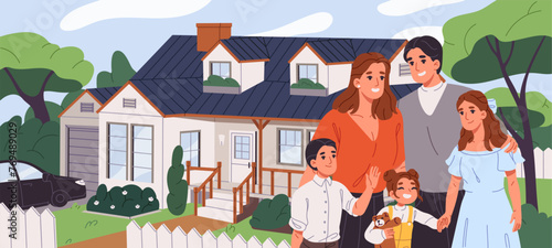Happy family buying home in mortgage in country. People rejoice of real estate acquisition. Parents with kids outside, in front of new house. Purchase of dwelling in suburb. Flat vector illustration