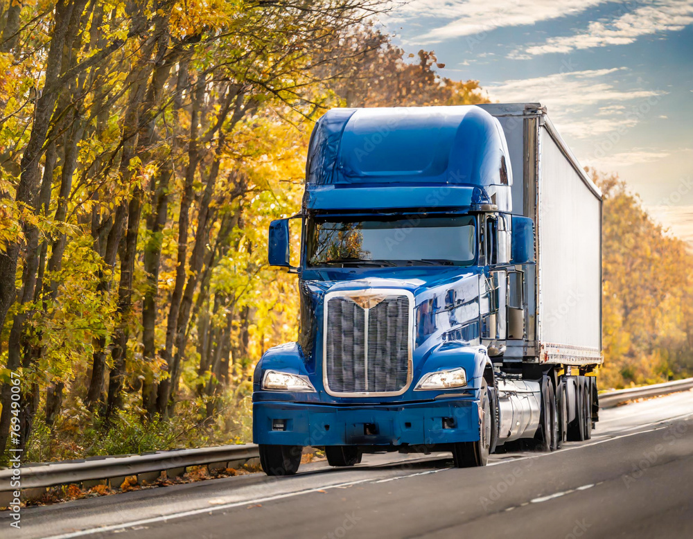 Bonnet blue big rig semi truck tractor carry cargo semi trailer driving on the autumn highway road with forest on the side