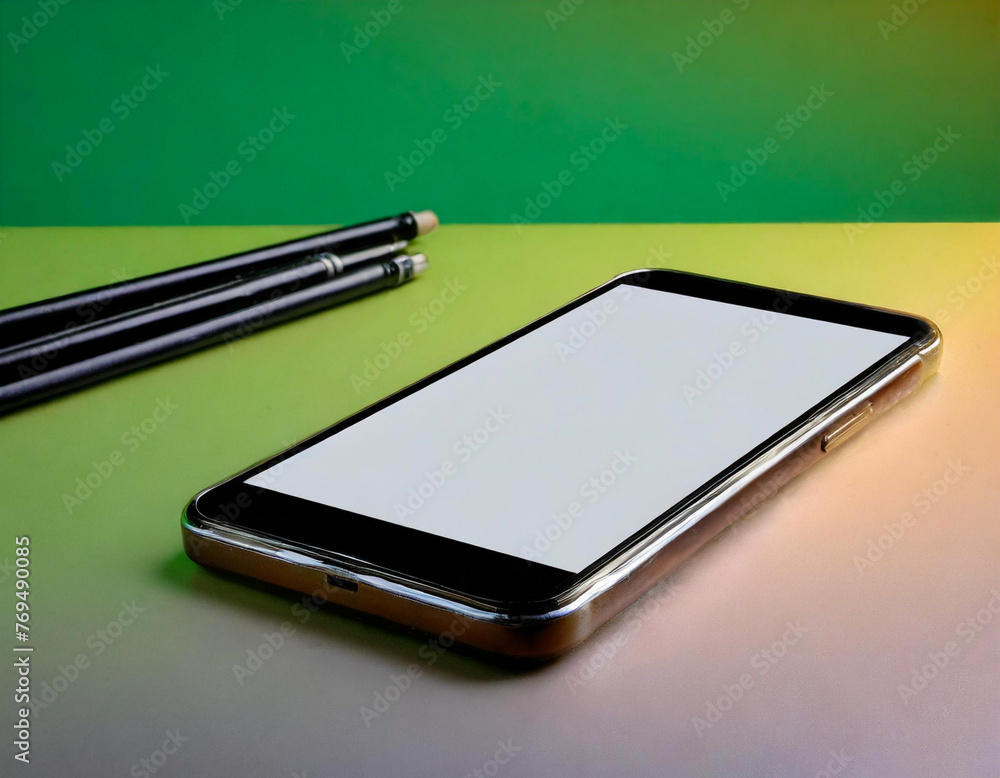 Studio shot of Smartphone with blank white screen for Infographic Global Business Marketing investment Plan in green background Studio shot of Smartphone with blank white screen for Infographic Global Business Marketing investment Plan in green background