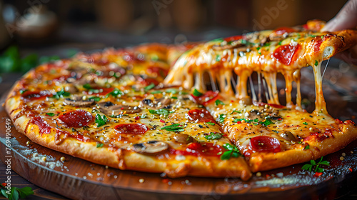 A hand lifting a slice of pizza, with the cheese stretching in long, gooey strands. The pizza is perfectly cooked.