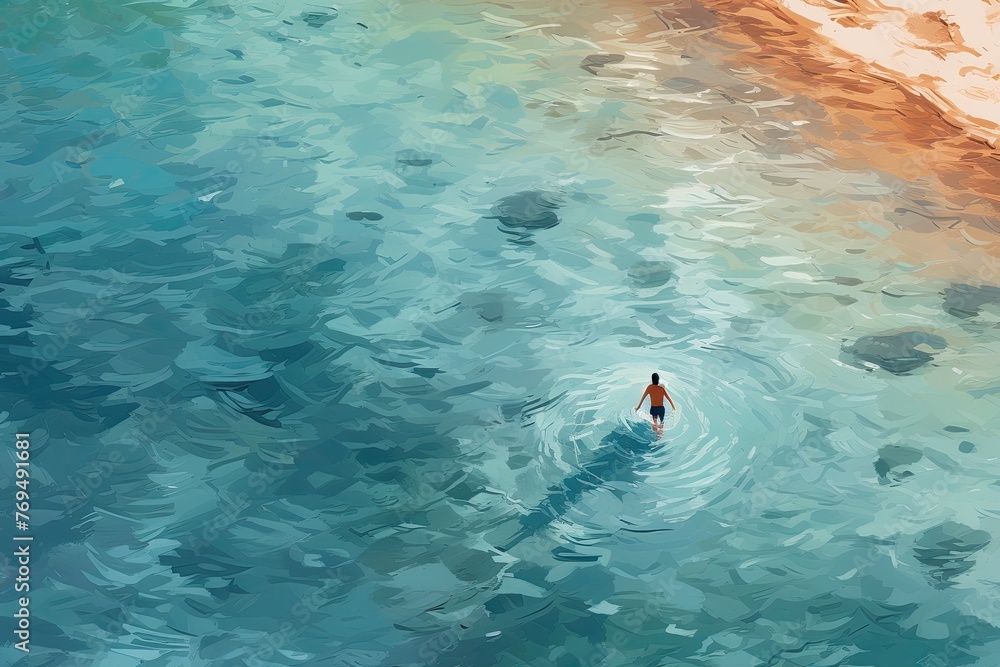 man swims in clear water in ocean illustration
