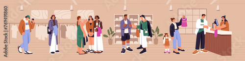 Different people waiting in queue in dress store. Customers stand in line in clothes shop. Buyers queuing to make purchase, buy in boutique. Vendor sells on the counter. Flat vector illustration