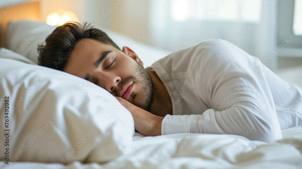 Caucasian man sleeping in bed Caucasian man sleeping in bed