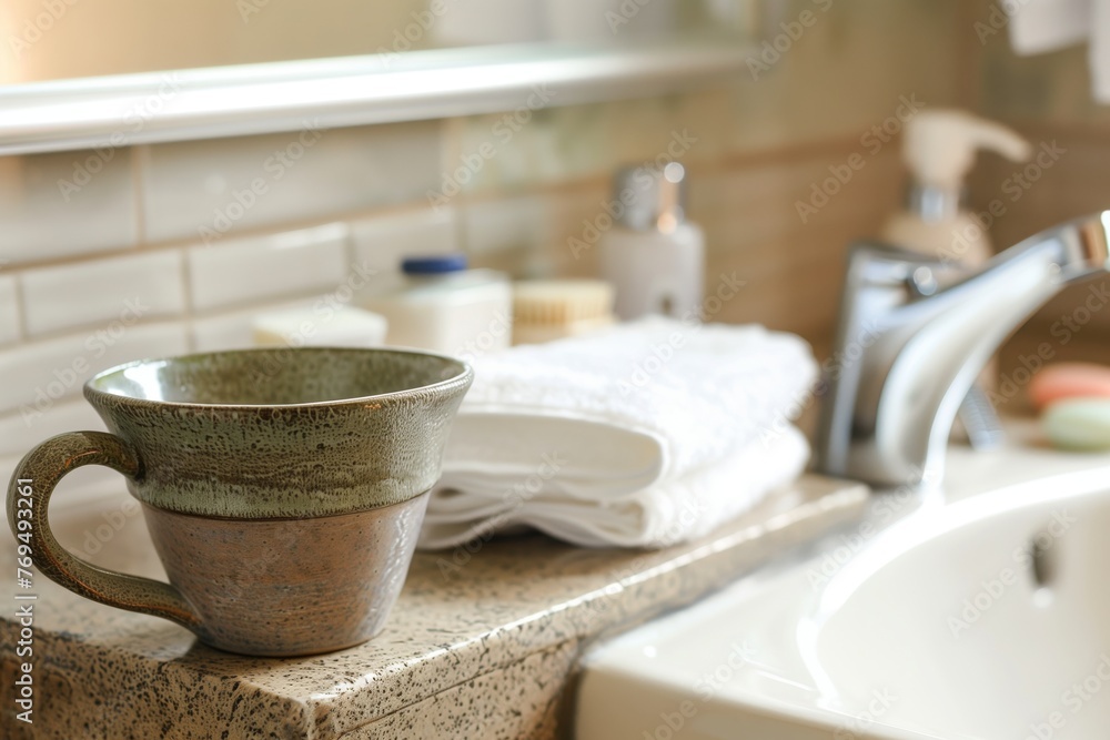 ceramic tea cup on edge of sink beside toiletries