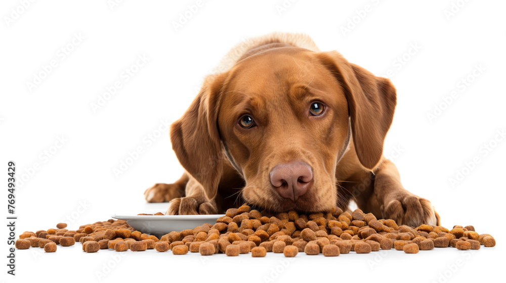 brown labrador lies down with its chin resting on the ground, eyes focused on a bowl of kibble - obrazy, fototapety, plakaty 