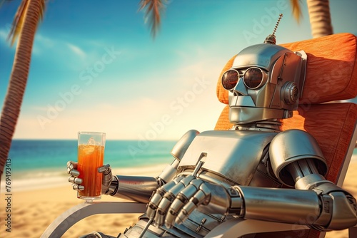 modern robot with drink relax on tropical beach summer vacation illustration © krissikunterbunt