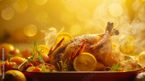 Warm golden lighting enhances the steamy roast chicken surrounded by an array of vegetables photo