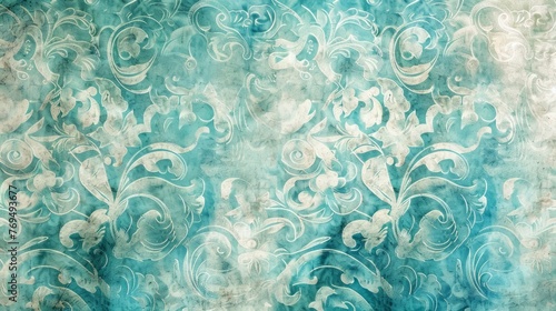 Blue and white wallpaper with swirling arabesque scrolls and a hint of turquoise