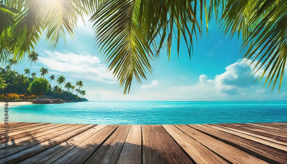 Holiday background with sea, palm trees and wooden platform
