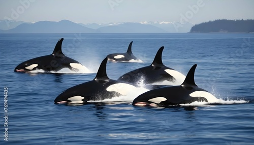 A Pod Of Killer Whales Hunting Together In The Ope © Ali