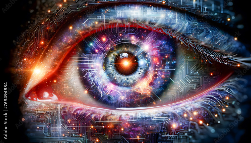 Close-up, detailed image focusing on the interior aspects of the human eye reimagined as a cosmic entity. - obrazy, fototapety, plakaty 
