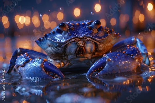 Blue Crab Sitting on Top of Water Puddle