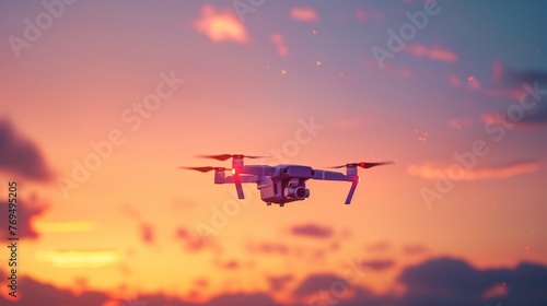 Drone soars, early dawn light, soft pastel sky, misty background. Sleek drone, gentle dawn backdrop, soft glow, minimalistic charm.