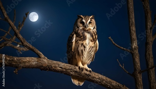 An Owl Perched On A Tree Branch Under The Moonligh