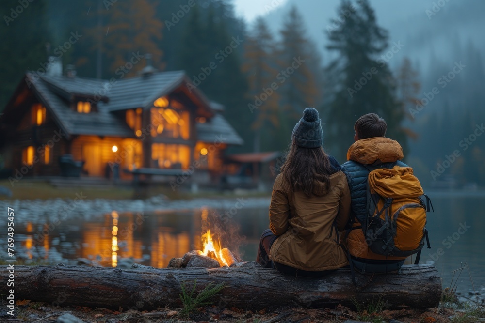 Fototapeta premium Twilight Serenity by the Lake With a Cozy Cabin and a Couple Enjoying the Campfire