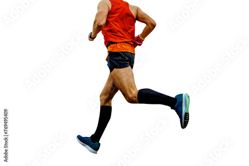 male athlete running marathon in black compression socks, isolated on transparent background