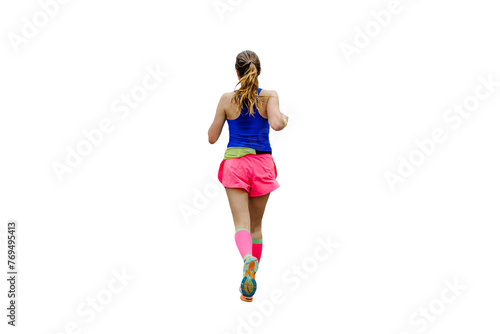 rear view woman running in bright sportswear isolated on transparent background