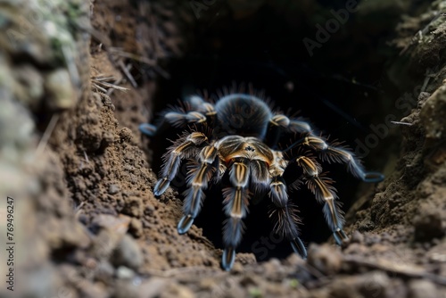 tarantula lurking at the dark entrance of its burrow