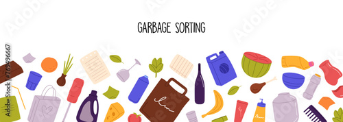 Sorting garbage horizontal banner with border of different litter, place for text. Waste separation, trash segregation, rubbish recycle concept. Flat isolated vector illustration on white background