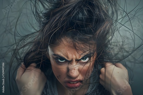 A woman in a studio showcasing hair damage and stress with split ends and a frustrated expression. Concept Hair Damage, Split Ends, Stress, Frustration, Studio Portrait