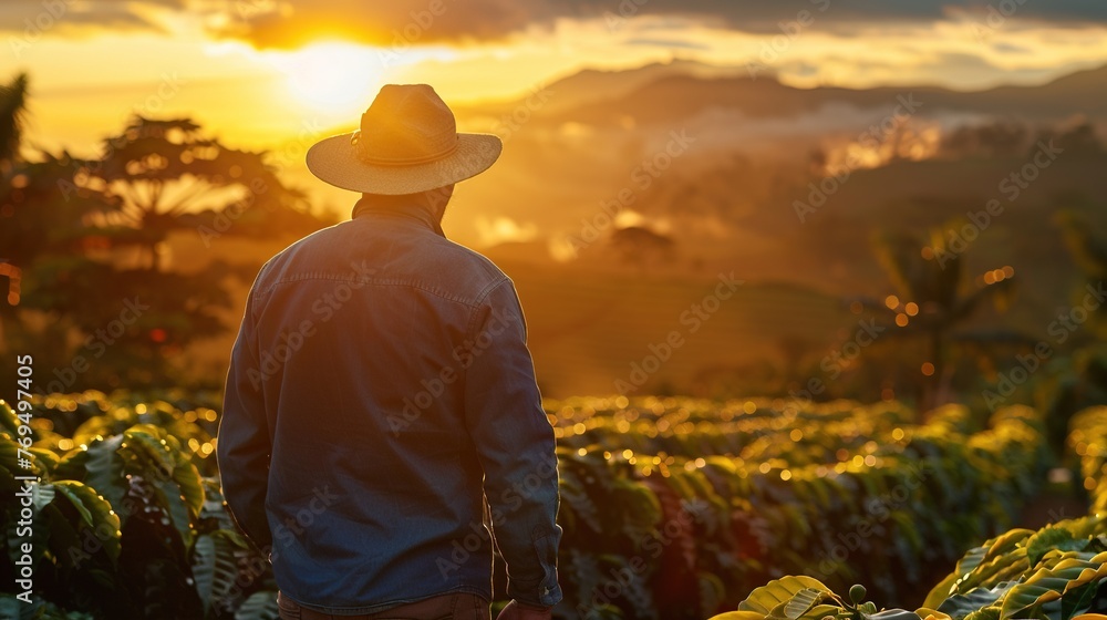 Man with Walking through Coffee Field at Sunrise. Farmer, Hat, Sunset, Sun, Farm, Nature, Background, Work, Countryside, Green, Landscape, People, Person, Plantation, Agriculture
