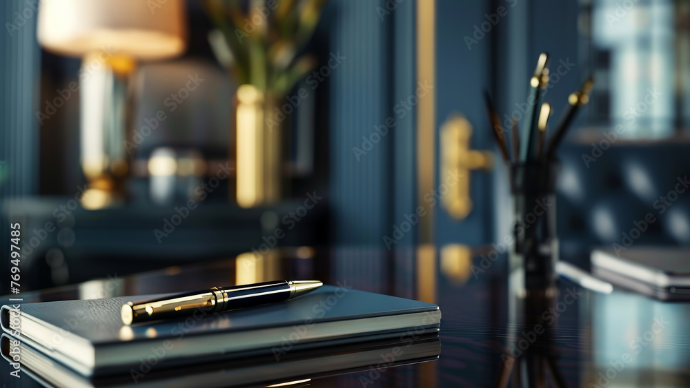 A golden pen rests on top of a notebook in a luxurious workspace. A golden pen rests on top of a notebook in a luxurious workspace.