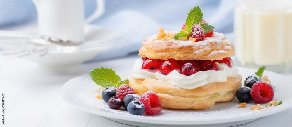 A delicious dessert featuring fresh berries and fluffy whipped cream, elegantly presented on a white plate. The perfect combination of fruit and sweetness for a delightful treat A delicious dessert featuring fresh berries and fluffy whipped cream, elegantly presented on a white plate. The perfect combination of fruit and sweetness for a delightful treat