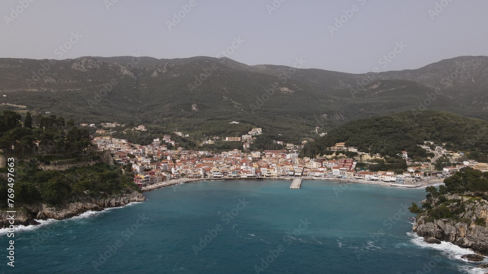aerial view wild sea waves crushing on rocks in parga town epirus greece
