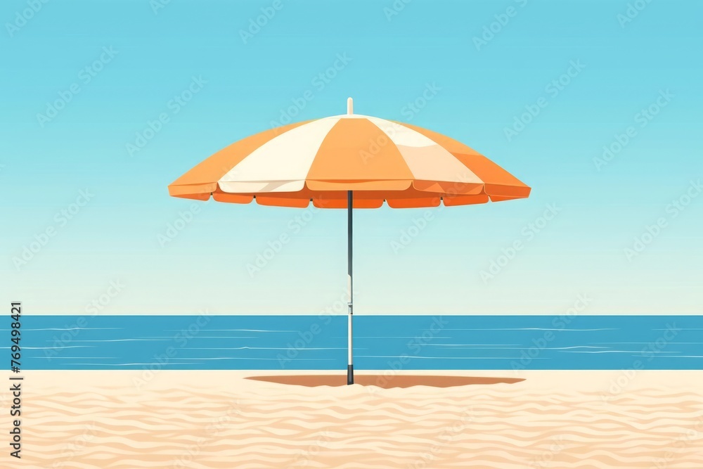 A minimalist illustration features a beach umbrella standing alone on a sandy shore, symbolizing relaxation and leisure during vacations