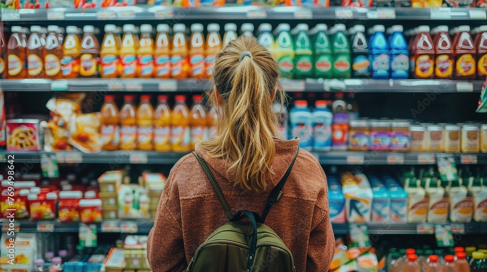 A woman comparing products in a grocery store, real photo, with a cinematic feel
