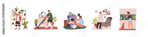 People do home routine, household, chores set. Characters do housework: cleaning, washing laundry, watering houseplants, dishwashing, wipe dust. Flat isolated vector illustrations on white background