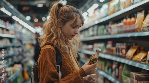 A woman comparing products in a grocery store, real photo, with a cinematic feel
