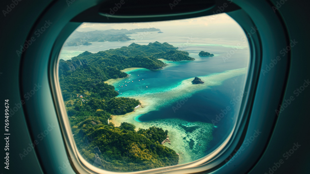 Islands in from an airplane window. The islands are covered in lush green vegetation and surrounded by crystal-clear blue water. 