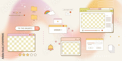 retro computer browser 90s vaporwave style with smile daisy flower. Retrowave pc desktop with 404 error message boxes and popup user interface elements.
