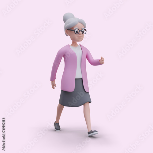 Vector grandmother confidently hurries forward. Elderly woman in glasses walks