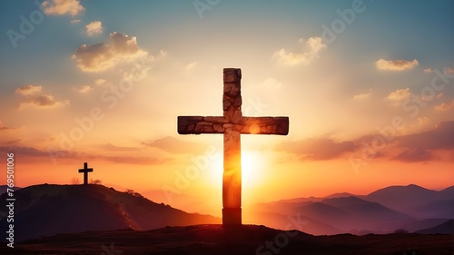 Sunrise Service: Sun Rising and Cross. Easter celebration, fire, symbolism, spiritual experience, and concept religious ceremony