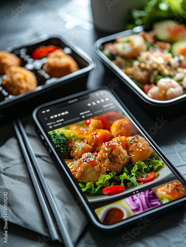 A smartphone screen displays an app for online food delivery technology at mealtime