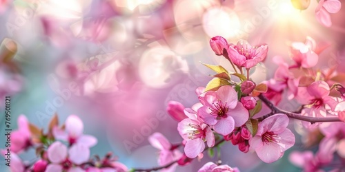 A beautiful, sun-drenched spring summer flowers. Natural colorful panoramic landscape with many wild flowers against blue sky. A frame with soft selective focus.