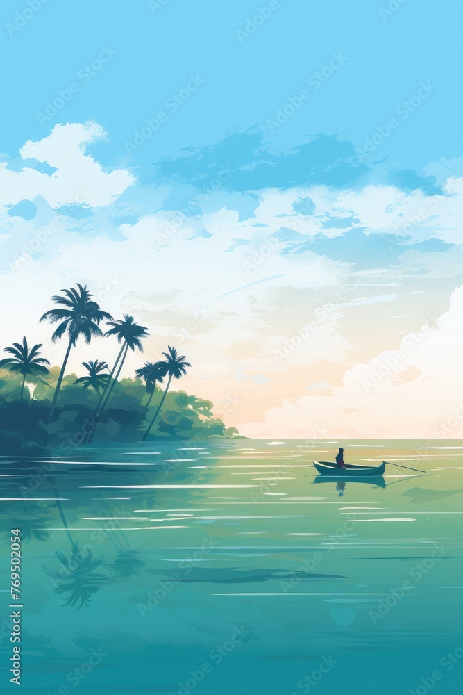 fisherman on the sea in tropical landscape with palm trees illustration