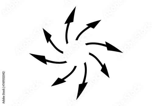 Círculo compuesto por flechas curvas negras dirigidas al exterior y formando una espiral