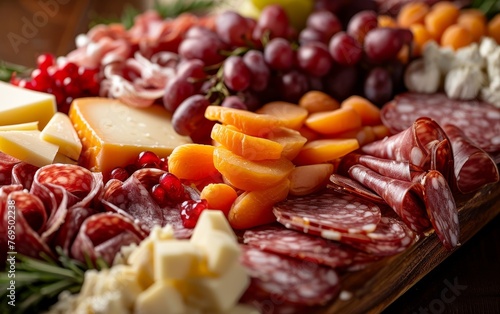 Festive charcuterie board with a variety of cheeses, meats, and fruits, beautifully arranged for a celebration.