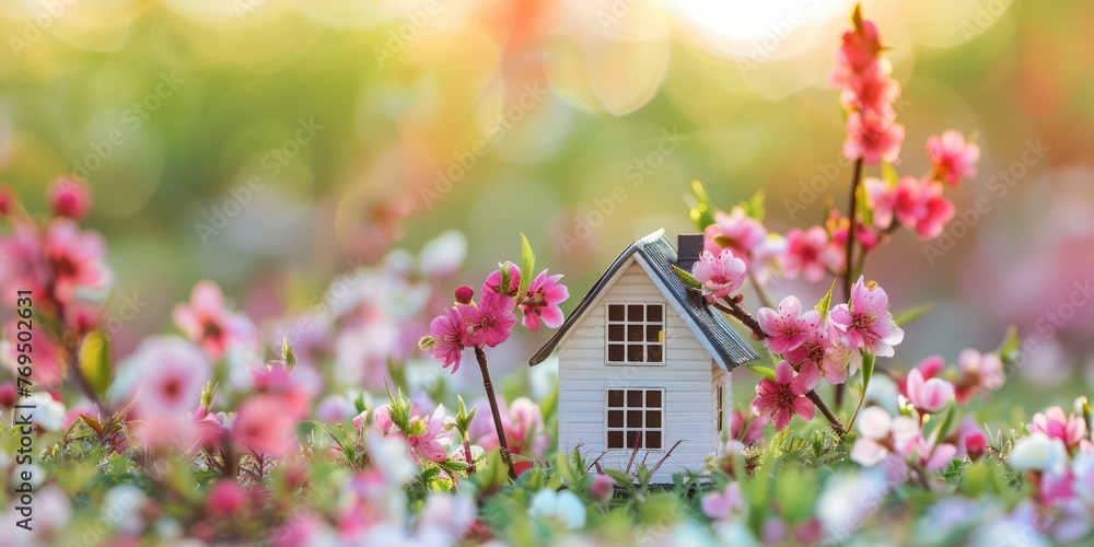 Beautiful summer home with green grass and blue sky 