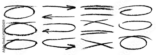 Charcoal strokes different forms. Set of black elements on white background. Rough charcoal arrows, cross strokes and round lines. Brush elements for notes, highlighting and underlining in text.
